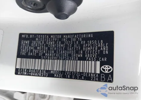 2016 Toyota Corolla Le from USA, damaged, VIN 5YFBURHE2GP563858